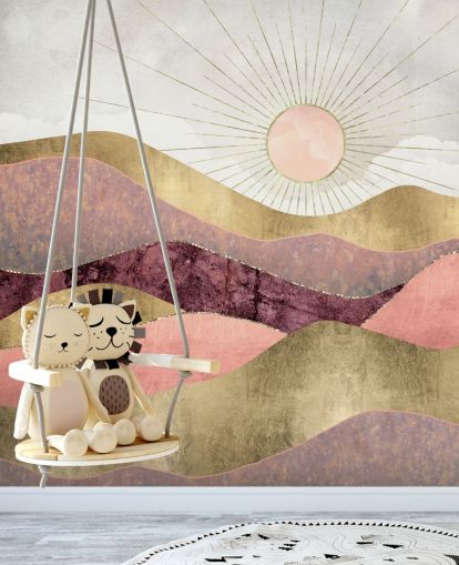 pink purple and gold effect sunrise wallpaper mural called Blush Sun by SpaceFrog Designs for bedrooms