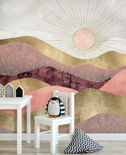 carta da parati murale rosa, viola e oro effetto alba chiamata Blush Sun di SpaceFrog Designs per camere da letto