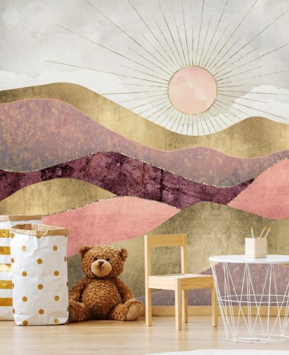 carta da parati murale rosa, viola e oro effetto alba chiamata Blush Sun di SpaceFrog Designs per camere da letto