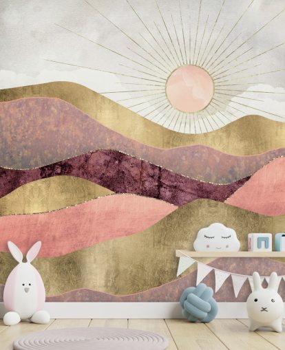 pink purple and gold effect sunrise wallpaper mural called Blush Sun by SpaceFrog Designs for bedrooms