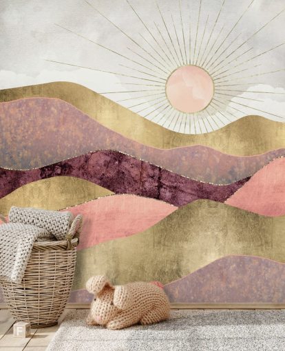 carta da parati murale rosa, viola e oro effetto alba chiamata Blush Sun di SpaceFrog Designs per camere da letto