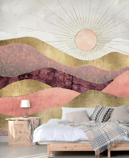 papier peint mural rose, violet et doré à effet lever de soleil appelé Blush Sun par SpaceFrog Designs pour chambres à coucher papier peint mural rose, violet et doré à effet lever de soleil appelé Blush Sun par SpaceFrog Designs pour chambres à coucher