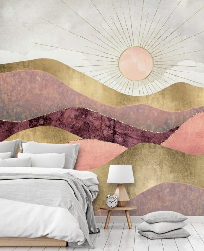 vaaleanpunainen violetti ja kultainen auringonnousun taustakuvamaalaus nimeltä Blush Sun by SpaceFrog Designs makuuhuoneisiin