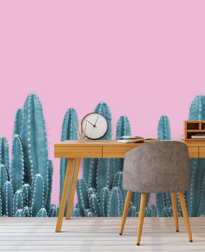 papel pintado cactus rosa y verde azulado
