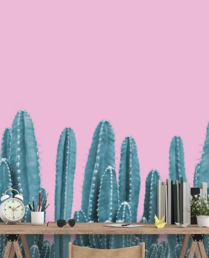 papel pintado cactus rosa y verde azulado