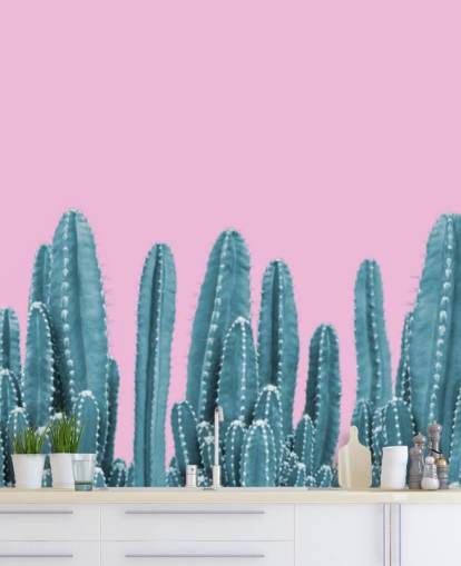 papel de parede de cacto rosa e azul-petróleo