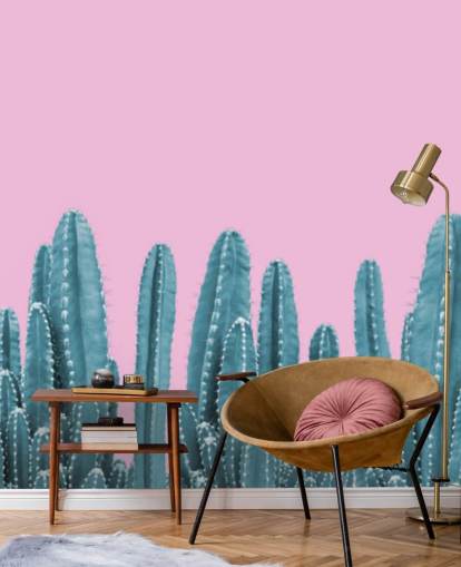 roze en groenblauw cactus behang
