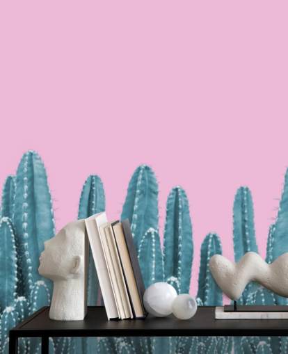papel pintado cactus rosa y verde azulado