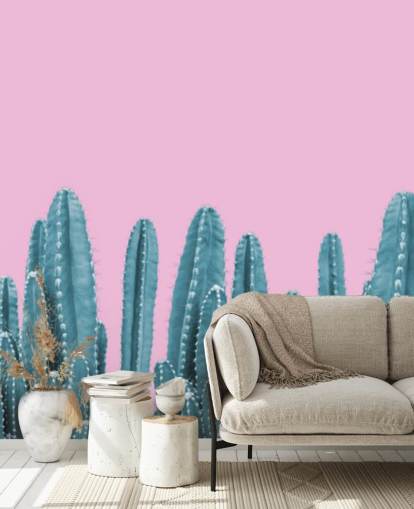 papel pintado cactus rosa y verde azulado