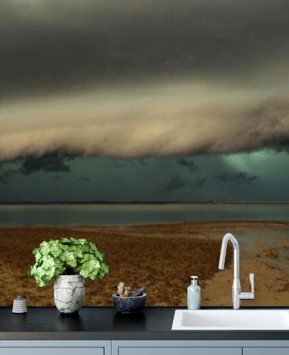 cloudy sky over panoramic view of a beach wallpaper