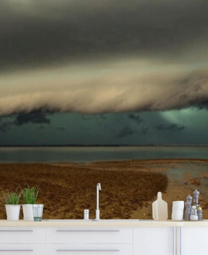 skyet himmel over panoramautsikt over en strand tapet