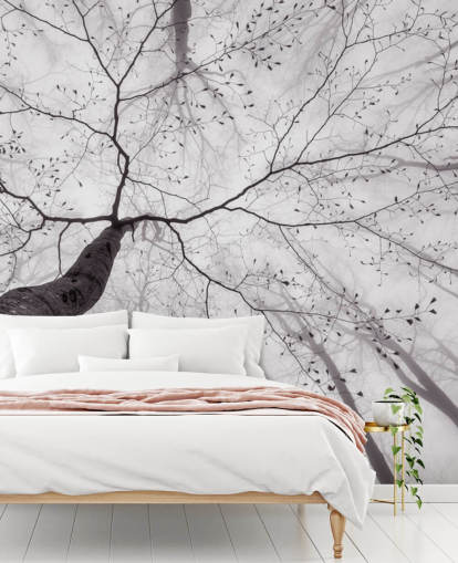 black and white tree view from the ground wallpaper