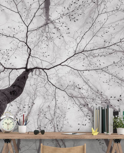 black and white tree view from the ground wallpaper