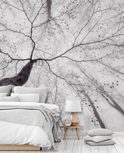 black and white tree view from the ground wallpaper