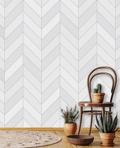 Wandbild mit individualisierbarem Muster in Weiß und Grau namens Seamless Herringbone