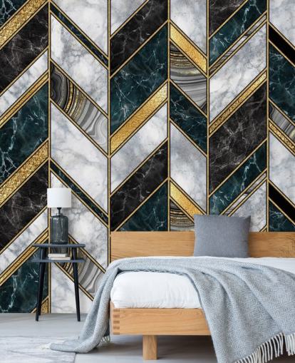 papel pintado art deco zig zag gris y dorado 