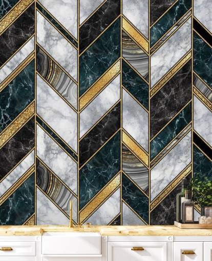 papel pintado art deco zig zag gris y dorado 