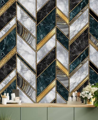 papel de parede cinza e dourado zig zag art deco 