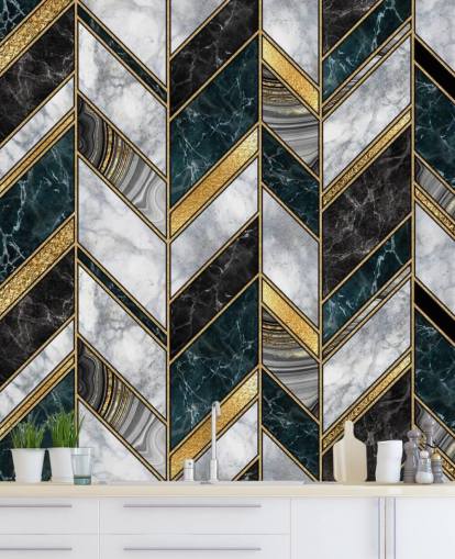 carta da parati art deco zig zag grigia e oro 