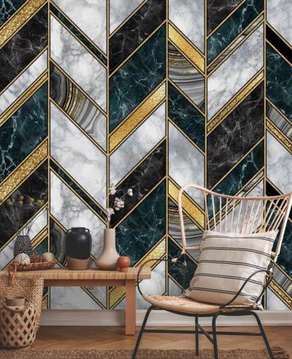 papel de parede cinza e dourado zig zag art deco 