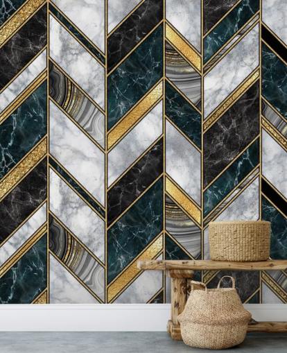 grå og gull sikk sakk art deco tapet 