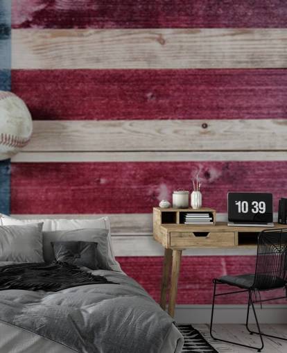 red, white and blue baseball wallpaper called America's Pastime for bedrooms and games rooms