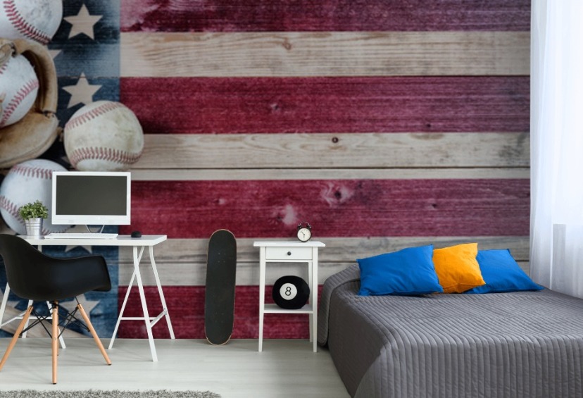 red, white and blue baseball wallpaper called America's Pastime for bedrooms and games rooms