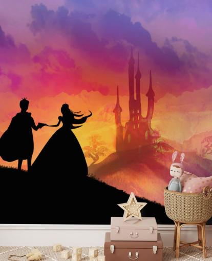 ciel coucher de soleil avec château de conte de fées et silhouette du prince et de la princesse sur la colline regardant par-dessus tout fond d'écran