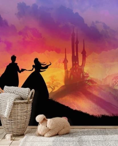 céu pôr do sol com castelo de conto de fadas e silhueta de príncipe e princesa na colina olhando por cima de tudo papel de parede