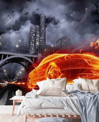 Decorazione murale con auto dei pompieri di notte in città