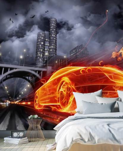 Mural Coche de bomberos por la noche en la ciudad