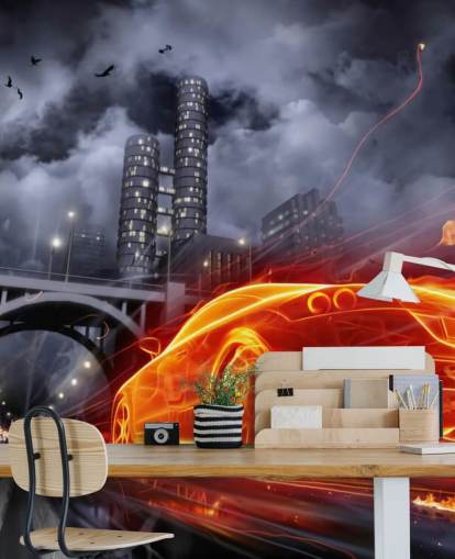 Brandbil om natten i byen vægmaleri Brandbil om natten i byen vægmaleri