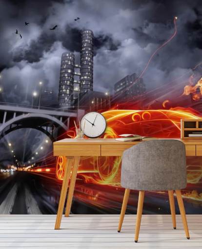 Decorazione murale con auto dei pompieri di notte in città