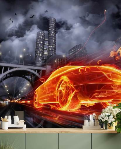 Mural Coche de bomberos por la noche en la ciudad