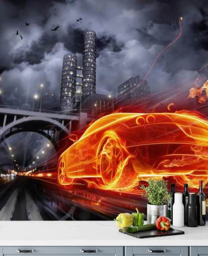 Fire Car at Night in Town Mural