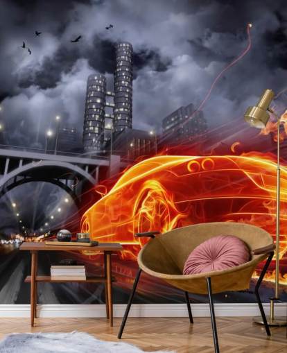 Decorazione murale con auto dei pompieri di notte in città