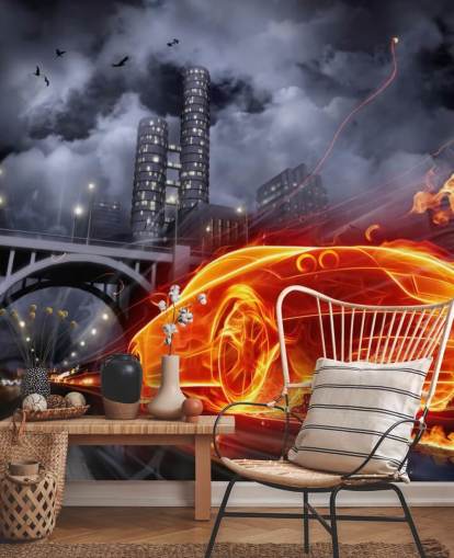 Fire Car at Night in Town Mural