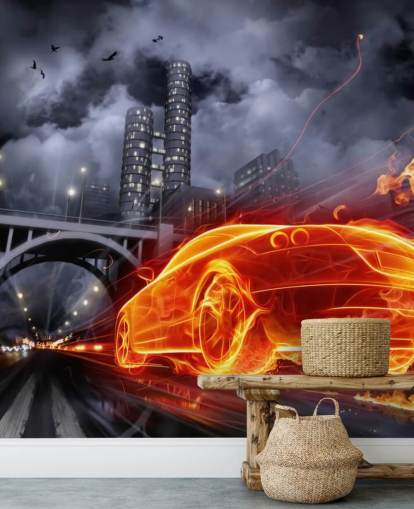 Fire Car at Night in Town Mural