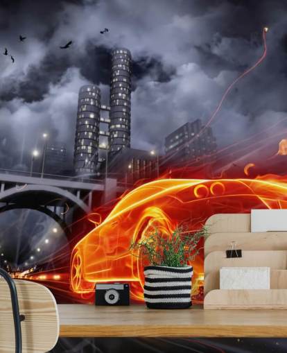 Decorazione murale con auto dei pompieri di notte in città