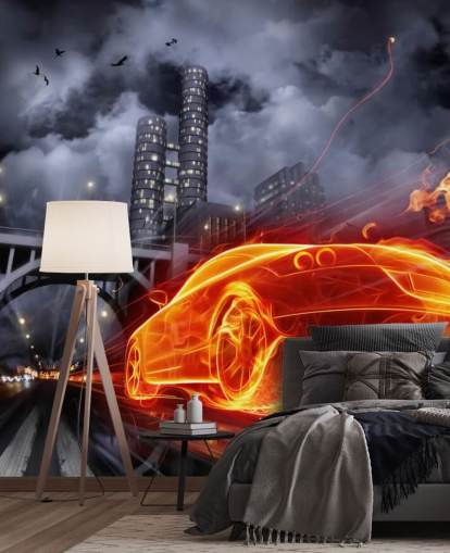 Brann Car om natten i byen Mural