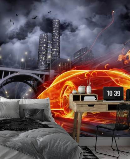 Carro de bombeiros à noite no mural da cidade