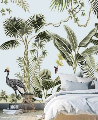 papel pintado de palmeras y pájaros exóticos