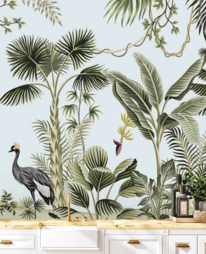 palmeiras e pássaros exóticos papel de parede