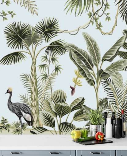 papel pintado de palmeras y pájaros exóticos