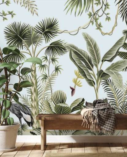 palmbomen en exotische vogels behang