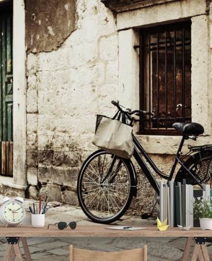 Bicycle Leaning on Wall Wallpaper Bicycle Leaning on Wall Wallpaper