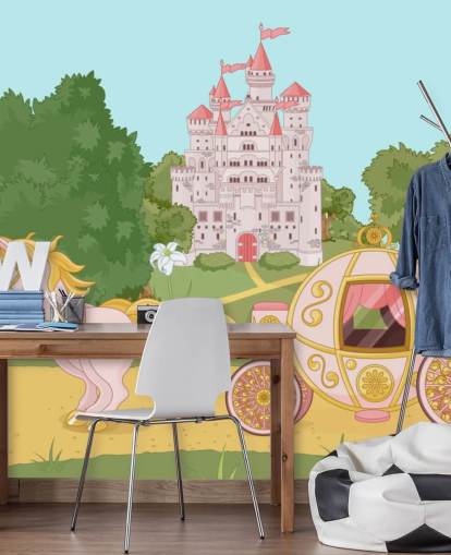 pink horses and carriage and princess castle wallpaper