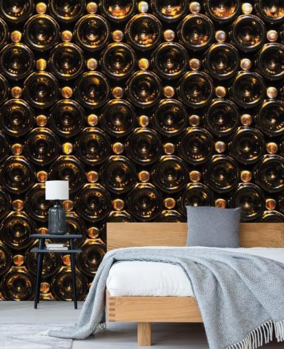 Glistening Brown Wine Bottles Stacked Wallpaper Mural