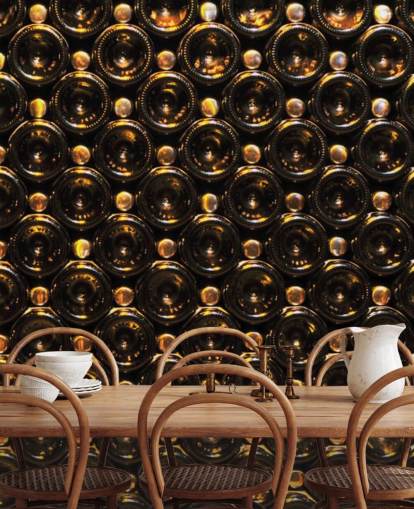 Papel pintado de botellas de vino marrón relucientes apiladas