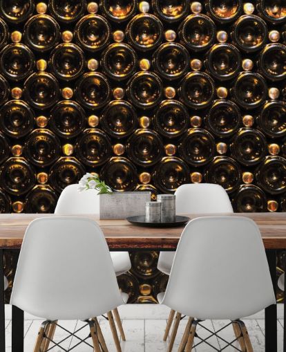 Papel pintado de botellas de vino marrón relucientes apiladas